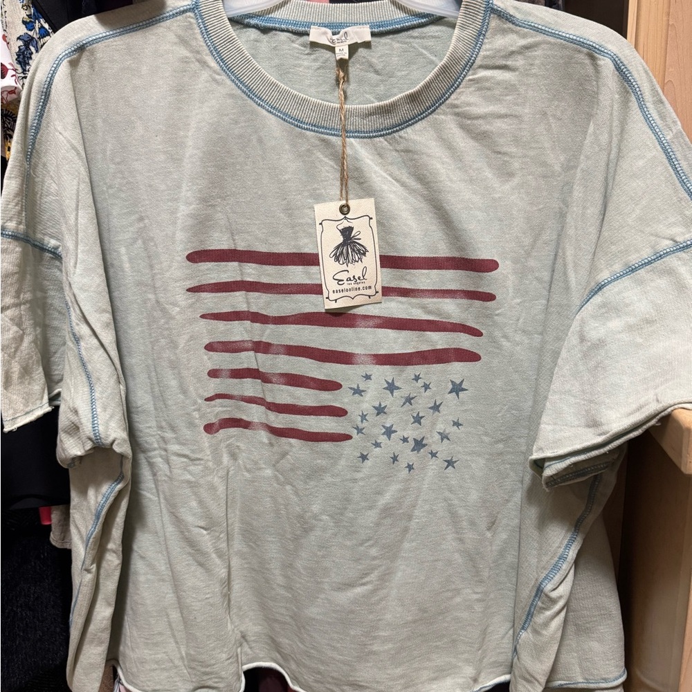 Easel Tee with Flag Design - Light Green and Red